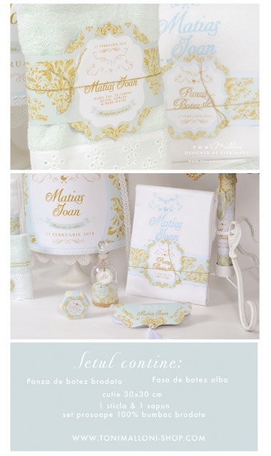 Trusou de botez cu broderie personalizata pentru baieti, Gold & Mint 1